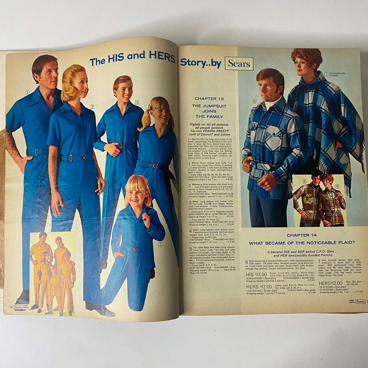 Inside pages of the 1970 Sears Fall and Winter Catalog presenting multiple family members in stylish jumpsuits and cozy garments, illustrating the era's fashion diversity.