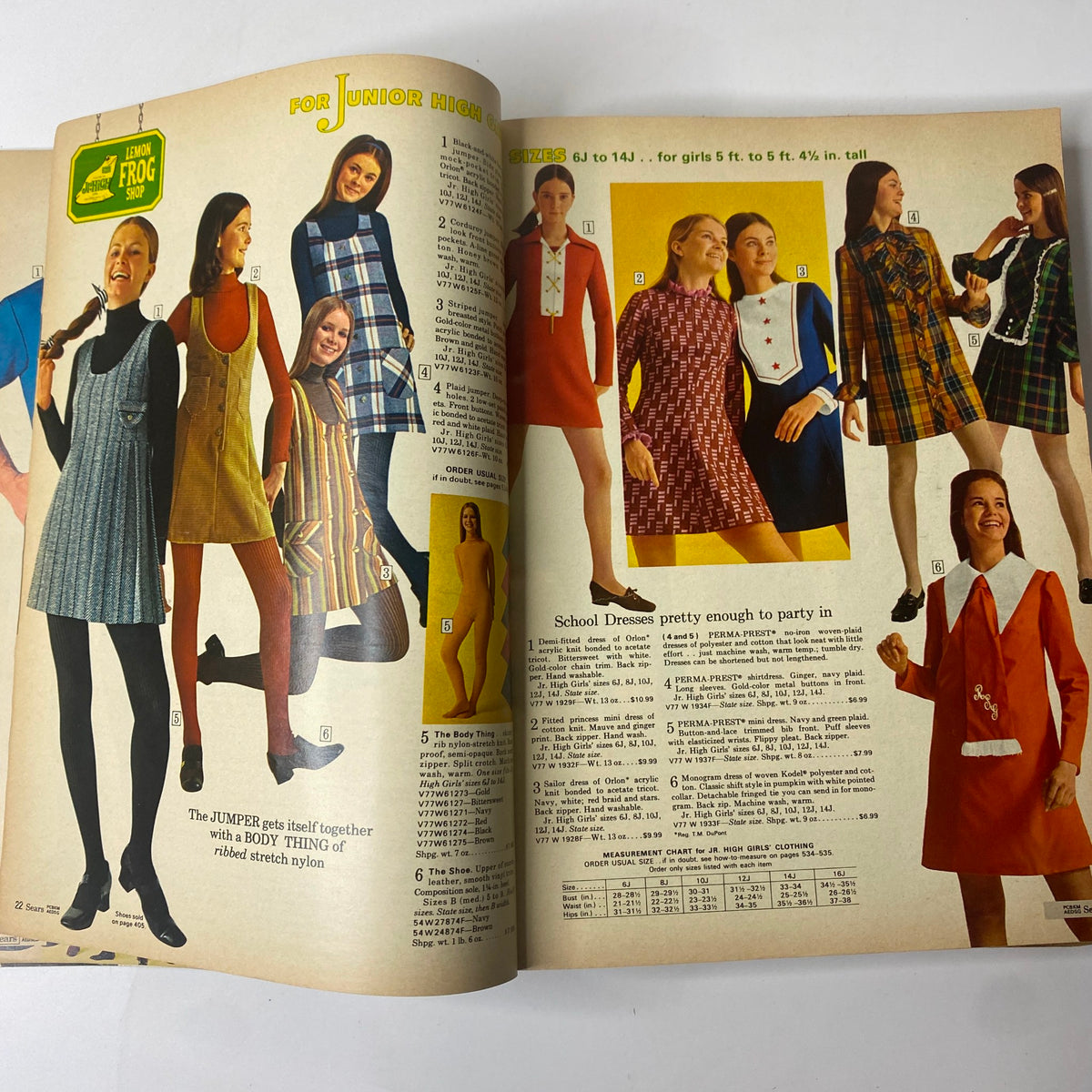 A page from the 1970 Sears Fall and Winter Catalog showcasing junior high school fashion for girls, featuring dresses and stylish outfits in retro designs.