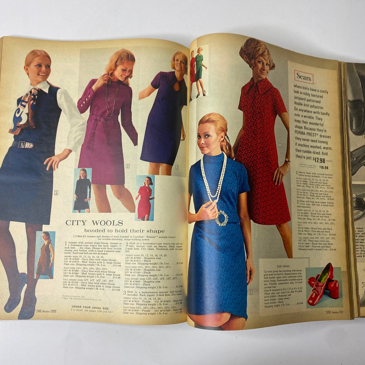 A fashion page from the 1970 Sears Fall and Winter Catalog featuring elegant dresses for women, showcasing the design trends of the early 70s.