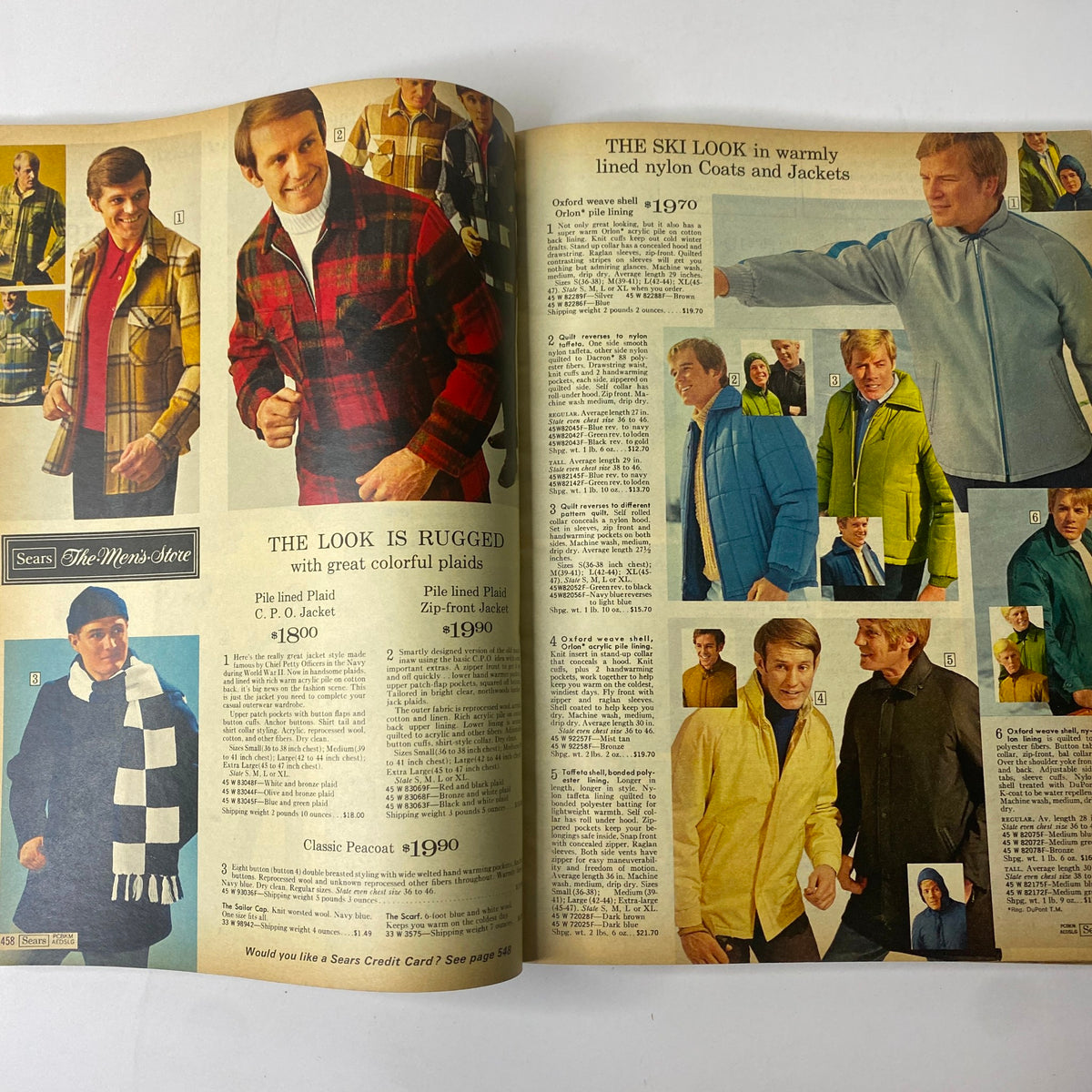 1970 Sears Fall and Winter Catalog showcasing men's fashion, featuring colorful plaid jackets and ski wear options.