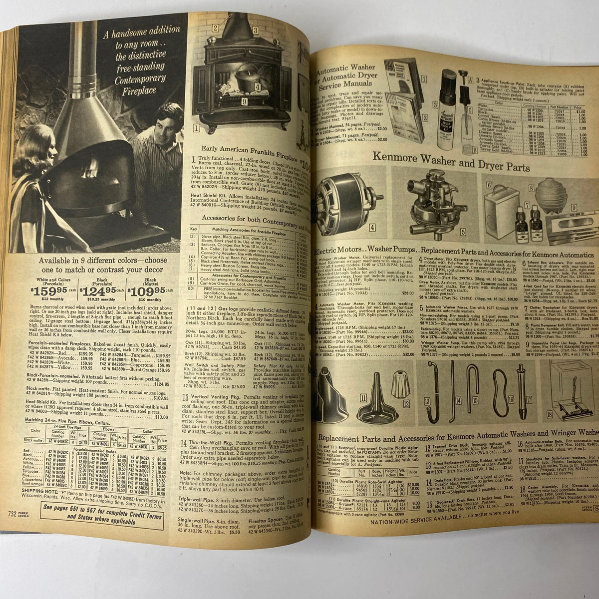 1970 Sears Fall and Winter Catalog displaying a freestanding Contemporary Fireplace and Kenmore washer parts, emphasizing home appliances and decor.