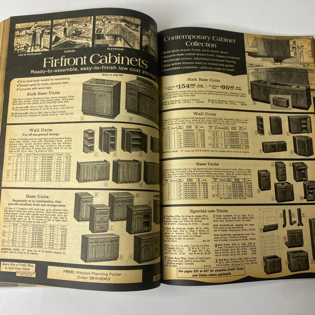 1970 Sears Fall and Winter Catalog highlighting ready-to-assemble Fir-front Cabinets with pricing details, offering insights into vintage cabinetry options.