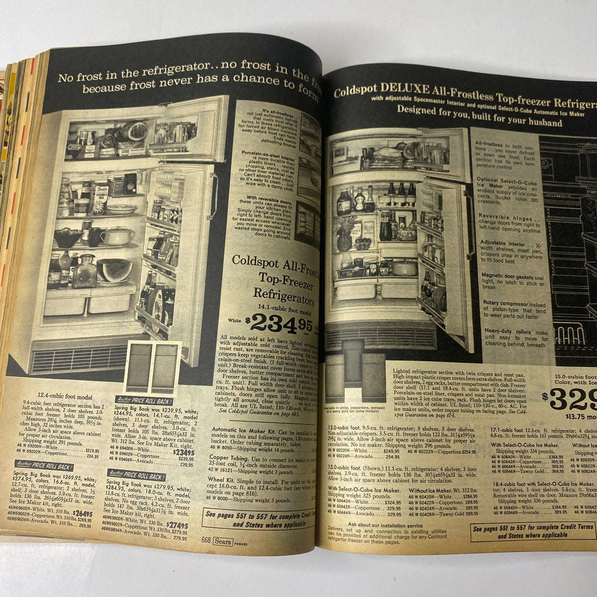 1970 Sears Fall and Winter Catalog featuring Coldspot All-Frostless Refrigerators with model details and pricing, showcasing kitchen appliances from the era.