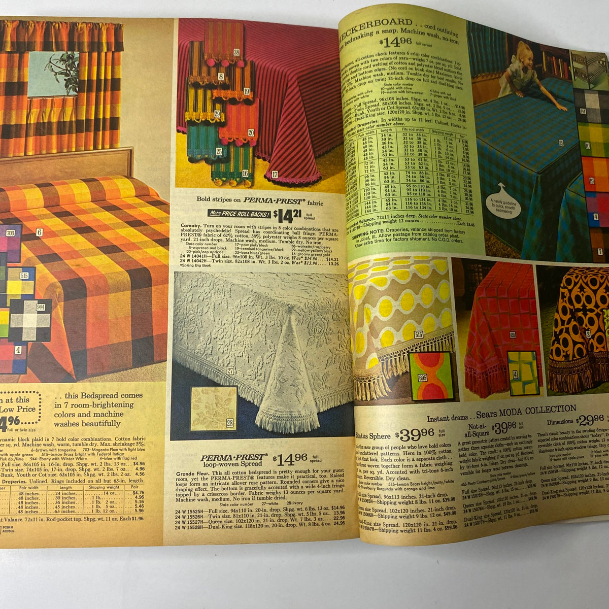 1970 Sears Fall and Winter Catalog presenting a variety of table linens and fabrics, including colorful bedspreads and tablecloths with pricing information.