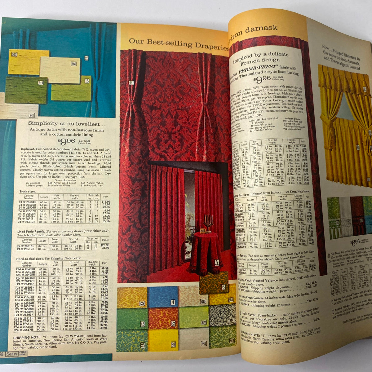 1970 Sears Fall and Winter Catalog featuring a selection of drapery fabrics, highlighting bold colors and patterns in textiles for home decoration.