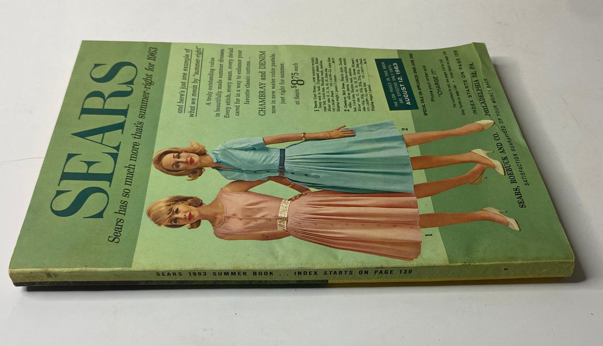 Side view of the 1963 Sears Summer-Right Catalog illustrating the same cover design displaying two women in fashionable summer dresses from the 1960s.