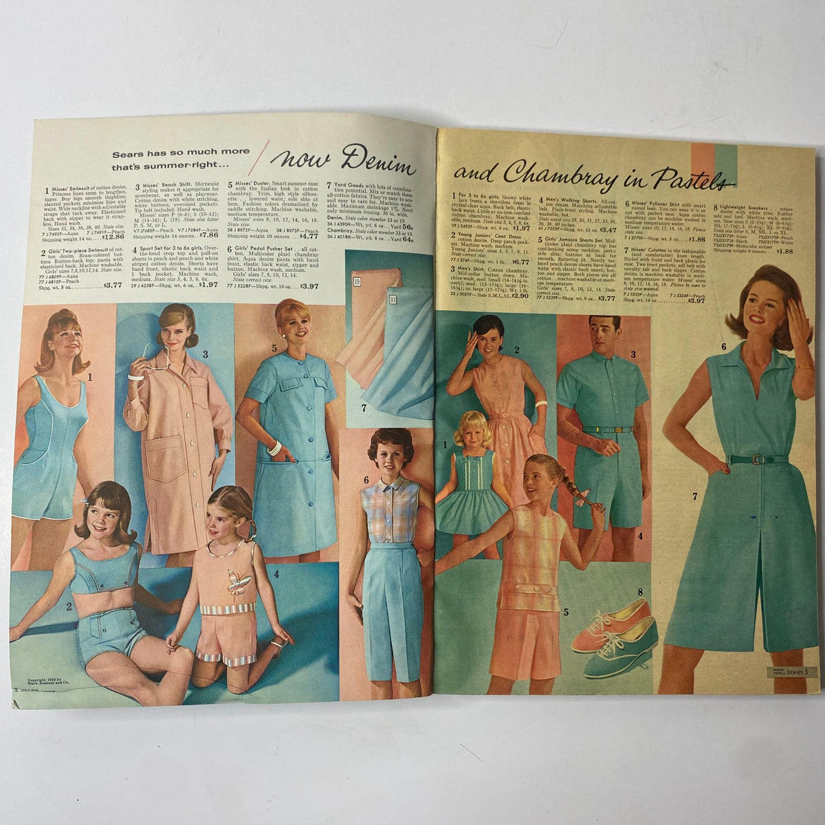 Interior page of the 1963 Sears Summer-Right Catalog featuring a variety of denim and chambray summer outfits, modelled by women and children, highlighting playful fashion options.