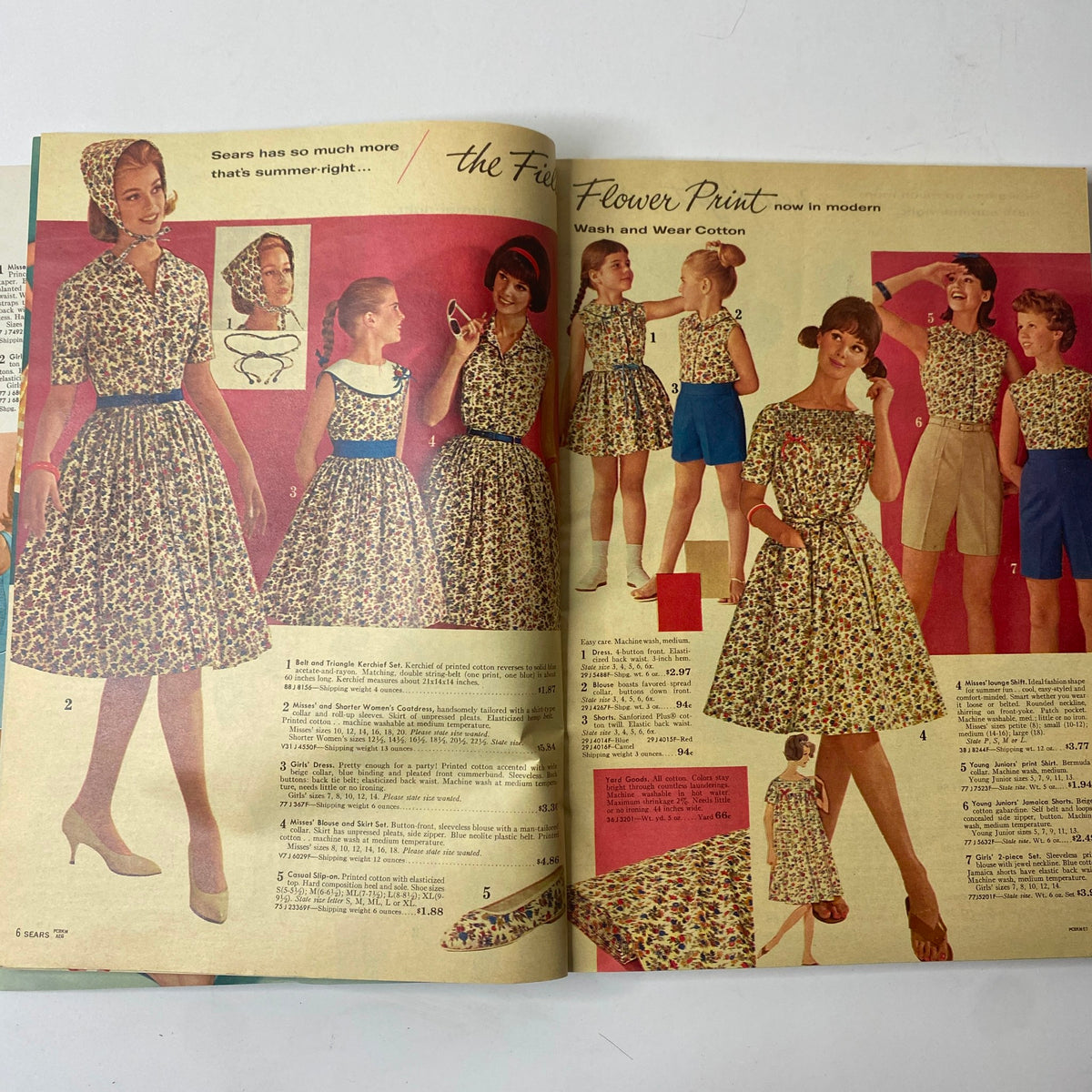 Another interior page of the 1963 Sears Summer-Right Catalog displaying floral print dresses in various styles modeled by women and girls, emphasizing the modern wash and wear cotton.