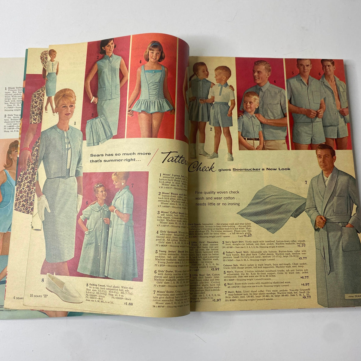 1963 Sears Summer-Right Catalog showcasing classic summer apparel, featuring vintage dresses, swimwear, and lounging outfits for men, women, and children.