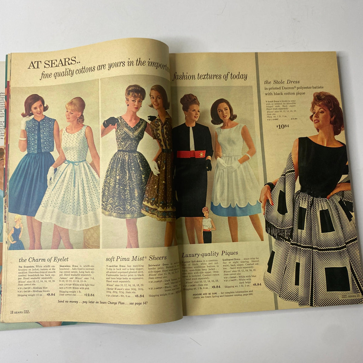 1963 Sears Summer-Right Catalog displaying elegant dresses in various styles, highlighting fine quality cotton fabrics available in summer fashion.