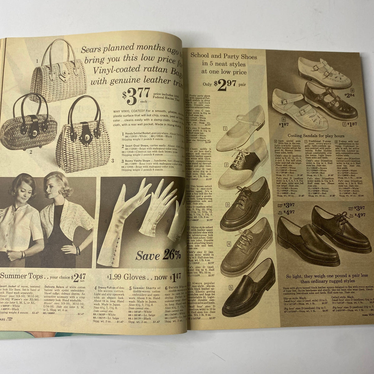 1963 Sears Summer-Right Catalog featuring summer accessories including stylish handbags and gloves, along with affordable school and party shoes.