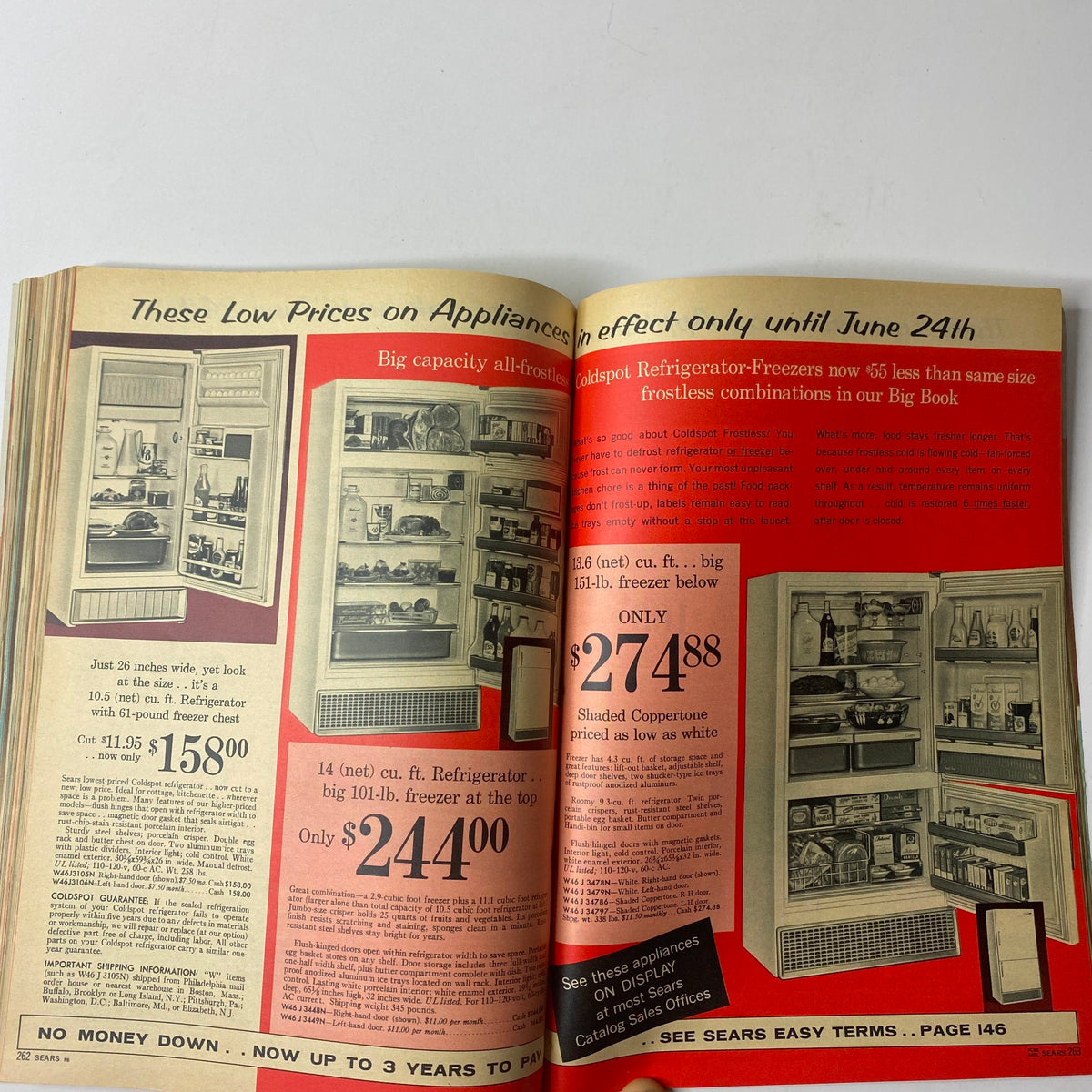 1963 Sears Summer-Right Catalog advertising low-priced appliances including refrigerators and freezers, highlighting their innovative features and savings.