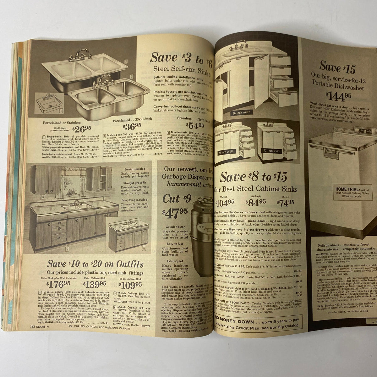 1963 Sears Summer-Right Catalog showcasing steel self-trim sinks, cabinet sinks, and dishwasher offerings for home improvement, highlighting prices and product features.
