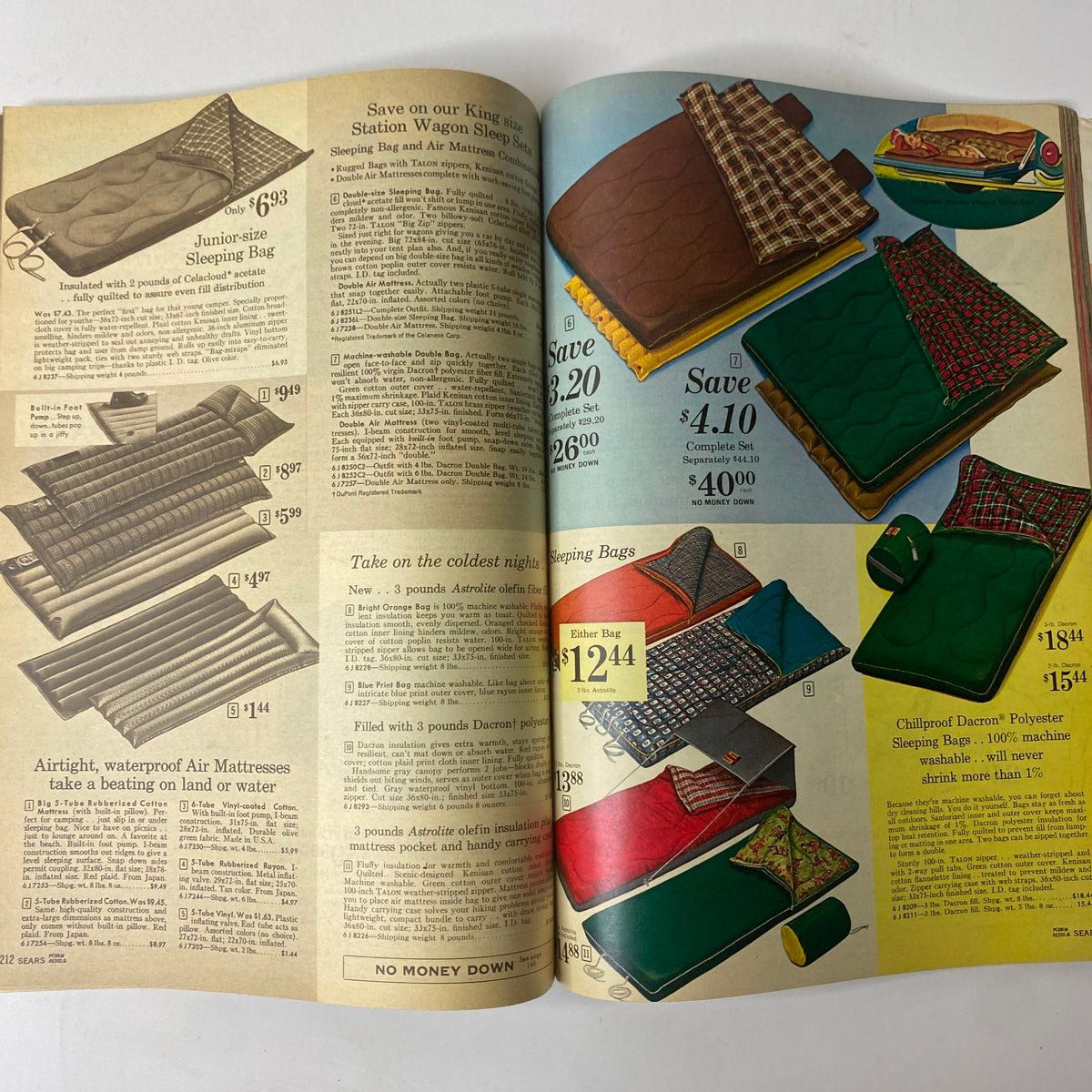 1963 Sears Summer-Right Catalog featuring a variety of sleeping bags and air mattresses, with illustrated prices and specifications for camping essentials.