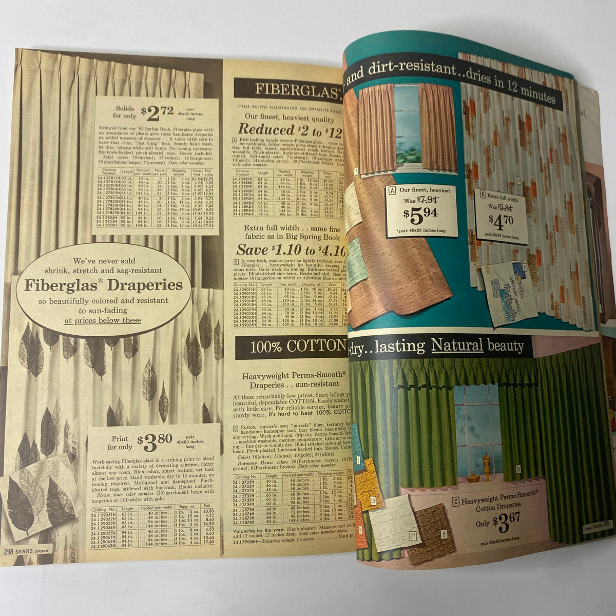 1963 Sears Summer-Right Catalog displaying Fiberglas draperies with price reductions and colorful options for home décor, illustrating fabric quality and design.