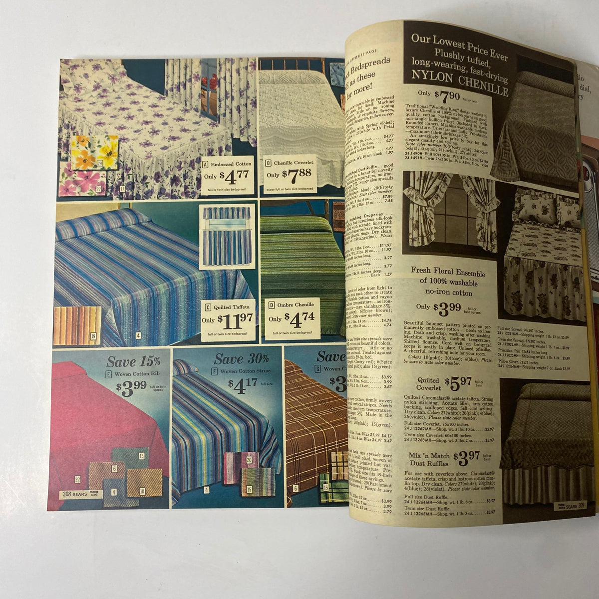 1963 Sears Summer-Right Catalog presenting a collection of bedspreads, coverlets, and cotton items with highlighted savings, showcasing vibrant patterns and textures.