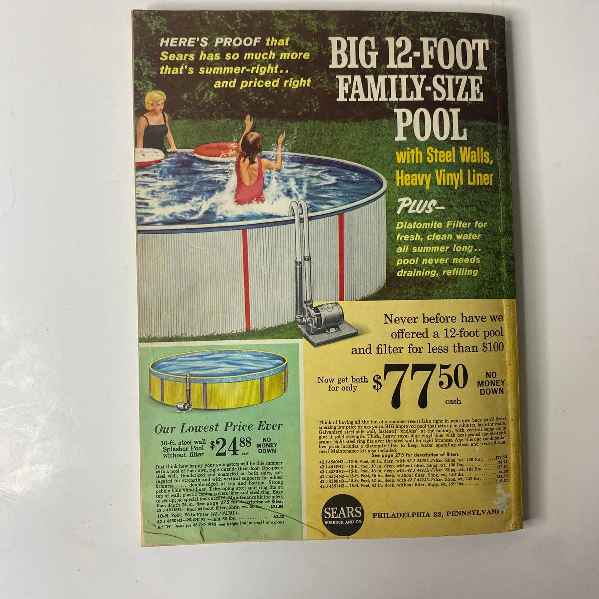 1963 Sears Summer-Right Catalog advertisement for a 12-foot family-size pool, featuring steel walls and a heavy vinyl liner, emphasizing low pricing and maintenance benefits.