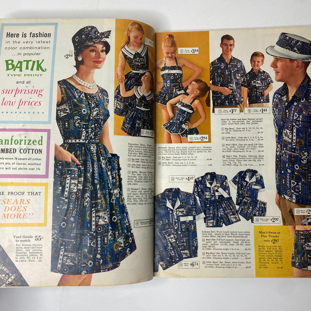 Interior page from the 1961 Sears Summer Book Catalog displaying vibrant summer fashion including dresses and swimwear for women and children, highlighting retro design and affordable pricing.