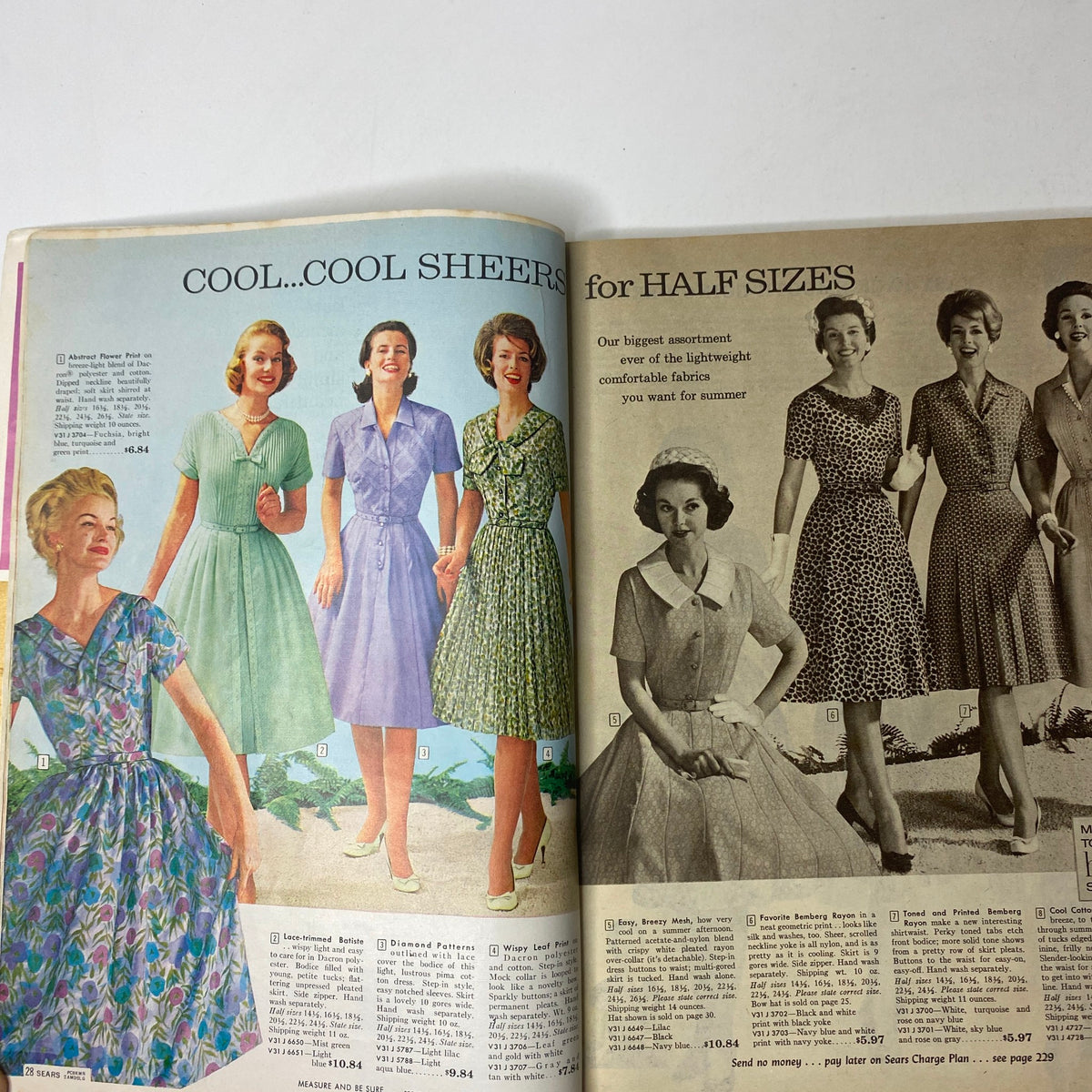 1961 Sears Summer Book Catalog featuring a collection of summer dresses in cool sheer fabrics, ideal for half sizes, highlighting mid-century fashion trends.