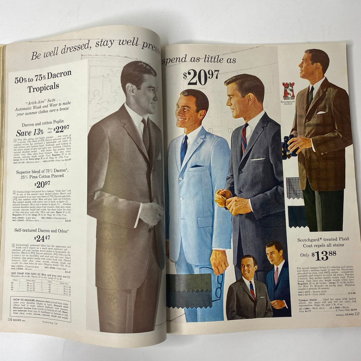 1961 Sears Summer Book Catalog displaying formal suits and attire for men, emphasizing stylish options like Dacron blends for summer wear.