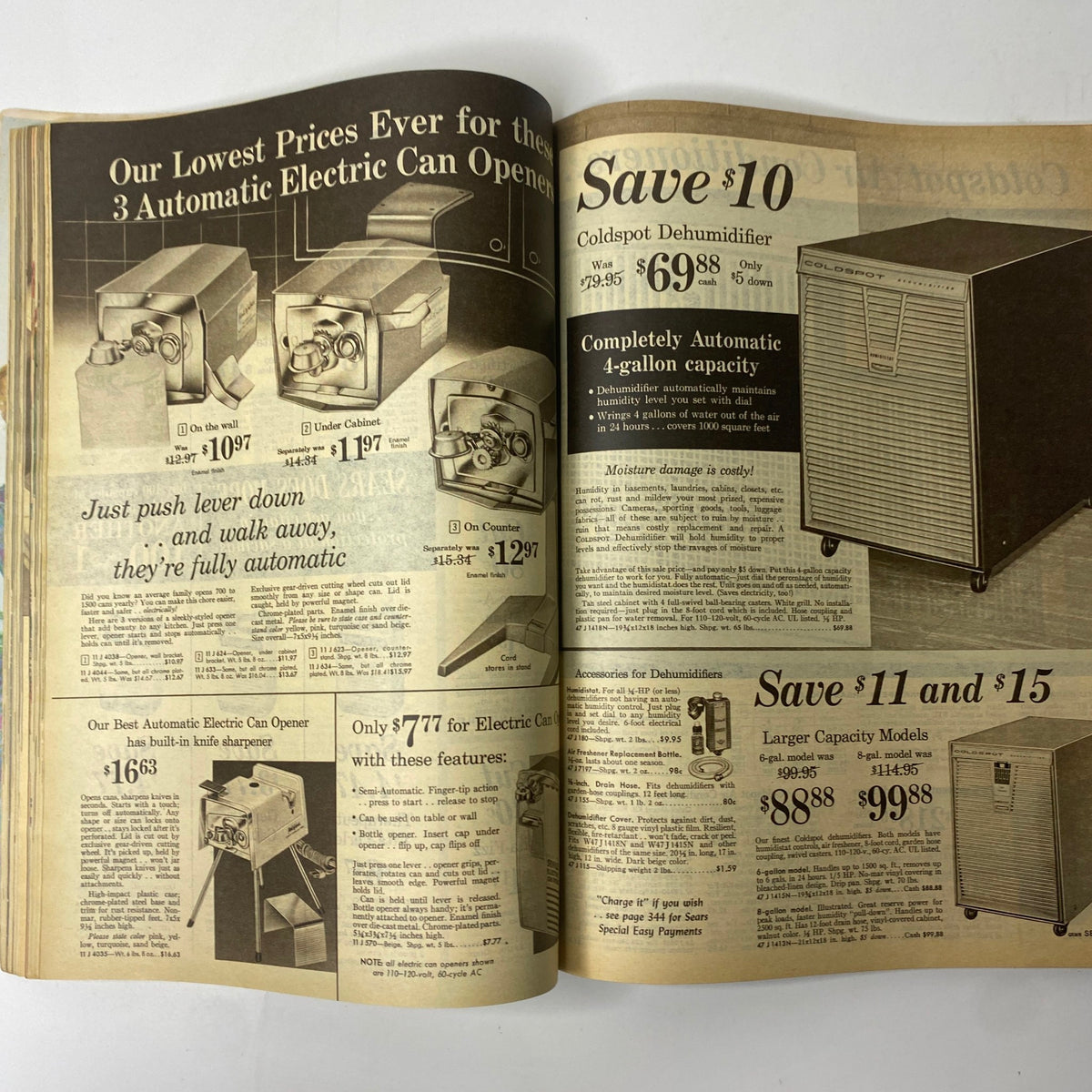 1961 Sears Summer Book Catalog presenting home appliances including electric can openers and a dehumidifier, demonstrating innovative household products of the era.