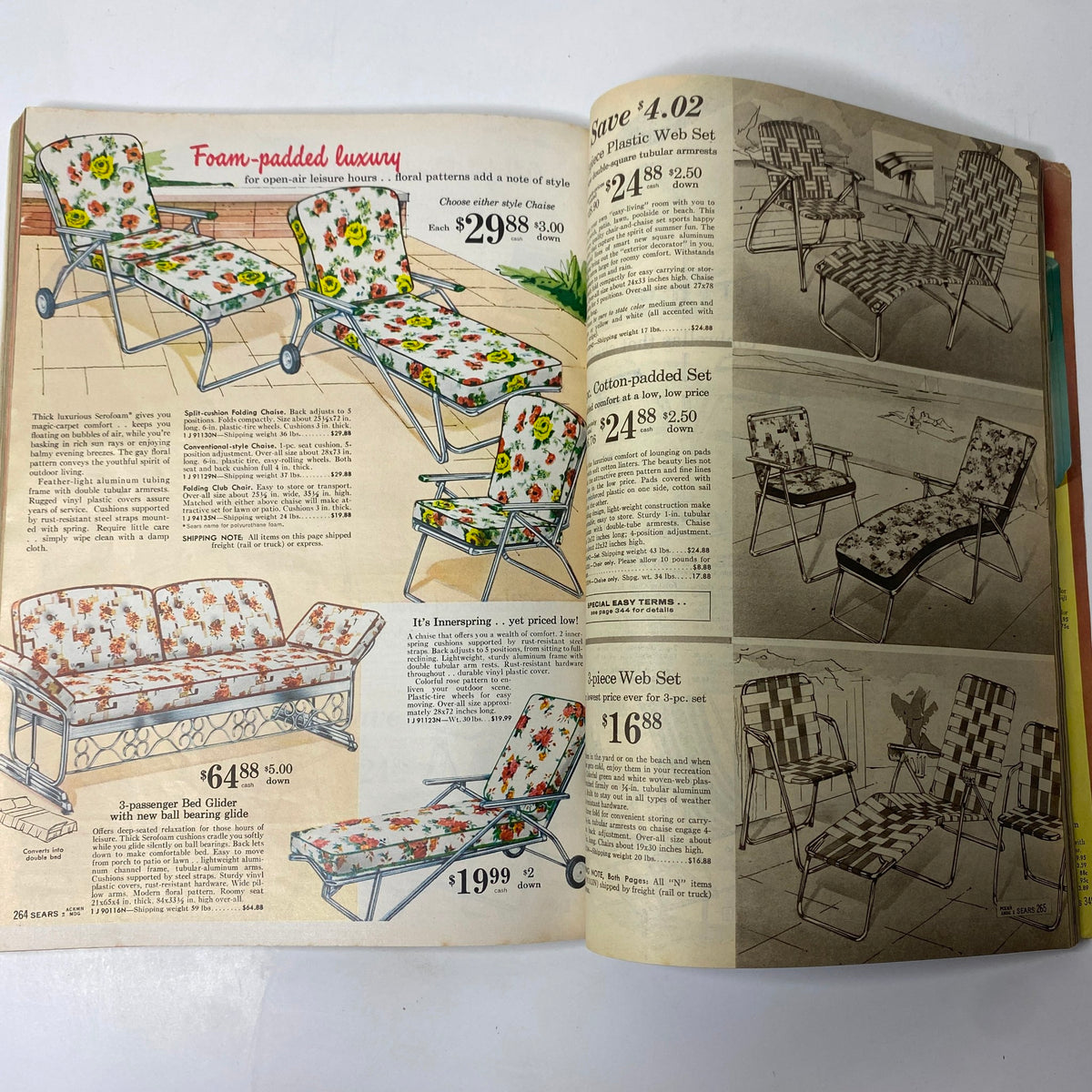 1961 Sears Summer Book Catalog featuring foam-padded luxury patio furniture options including chairs and a glider with floral patterns, showcasing summer home decor.