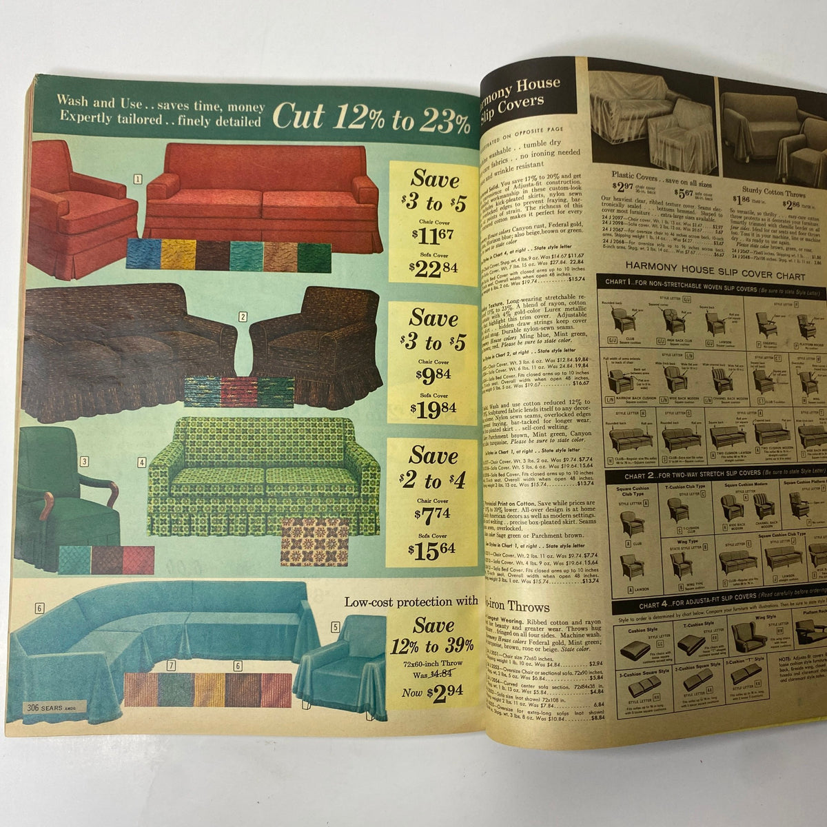1961 Sears Summer Book Catalog illustrating various slipcovers and fabric options for furniture, highlighting home improvement solutions for a stylish vintage look.