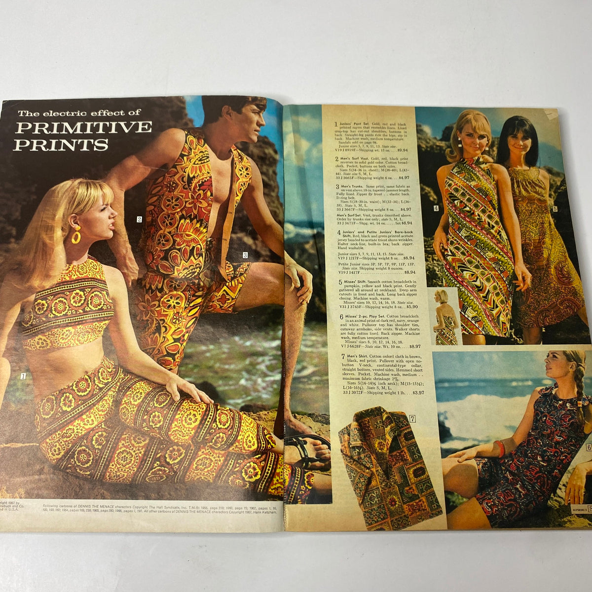 Interior page of the 1967 Sears Summer Catalog Way illustrating the Electric Effect of Primitive Prints with models wearing vibrant 1960s summer fashion.