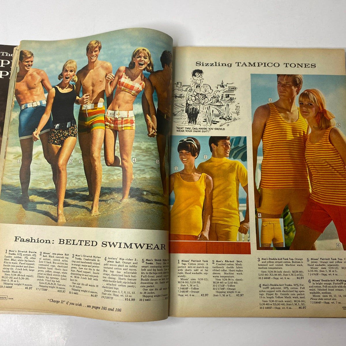 1967 Sears Summer Catalog Way featuring a group on the beach in colorful belted swimwear, highlighting the bold fashion trends of summer in the 1960s.