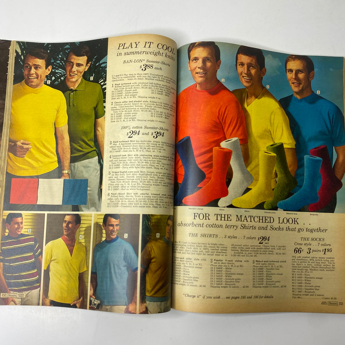1967 Sears Summer Catalog Way showcasing vibrant summer knitwear options for men, featuring colorful sweaters and sock pairings.