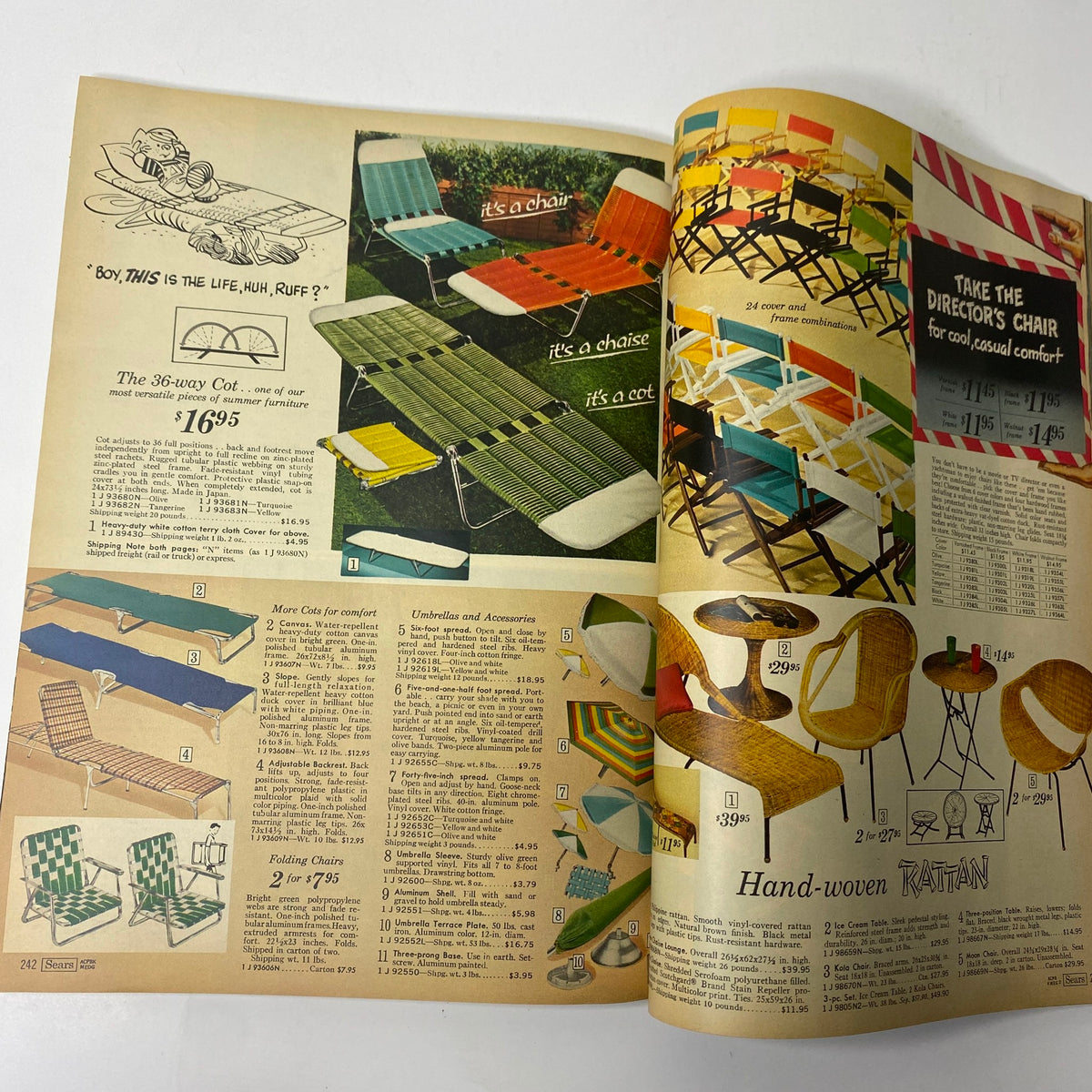 1967 Sears Summer Catalog Way featuring colorful outdoor furniture, including a versatile 36-way cot and a selection of folding chairs with pricing.