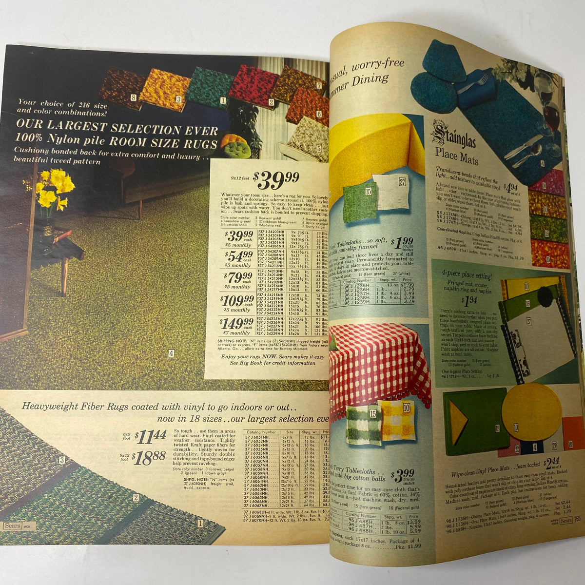 1967 Sears Summer Catalog Way displaying a variety of nylon pile room size rugs and table settings available for purchase, highlighting summer dining aesthetics.