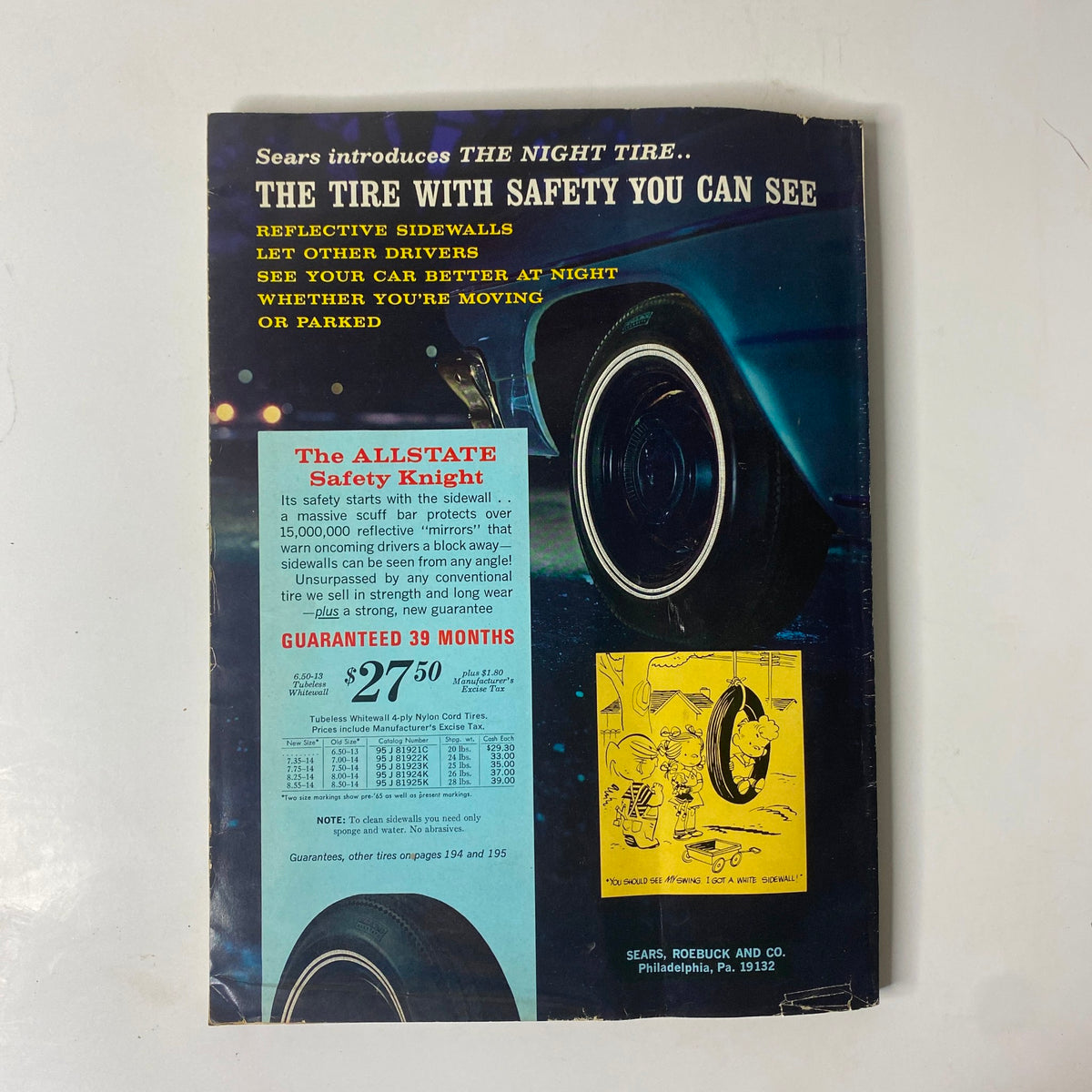 1967 Sears Summer Catalog Way featuring the ALLSTATE Safety Knight tire advertisement. The image displays a blue car with reflective tire sidewalls, emphasizing safety features for night driving. It includes pricing information and promotional details about the tire's guarantees.
