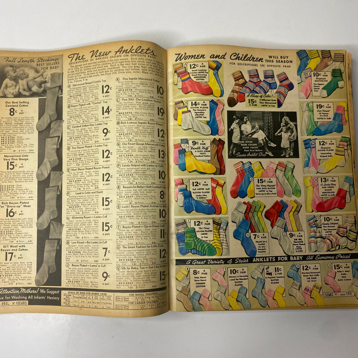 An interior page of the 1937 Sears, Roebuck and Co. Boston Spring and Summer Catalog illustrating various styles of anklets for women and children, showcasing the vintage sock trends of the 1930s.