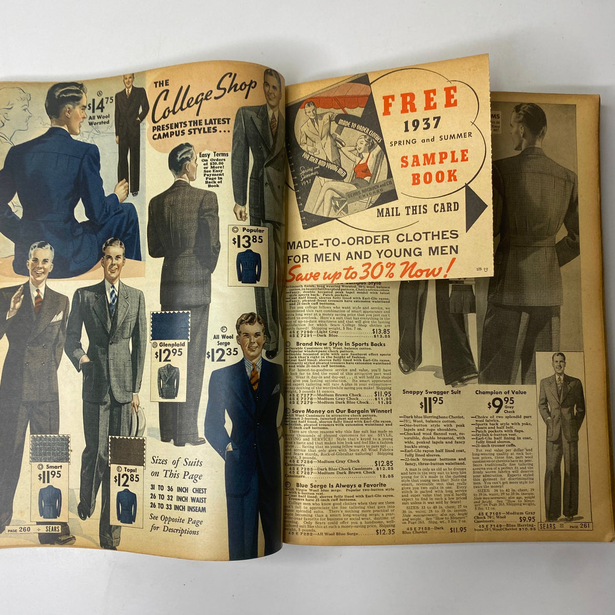 1937 Sears, Roebuck and Co. Boston Spring and Summer Catalog showcasing tailored men's suits and made-to-order clothing options for young men, featuring vibrant illustrations and prices.