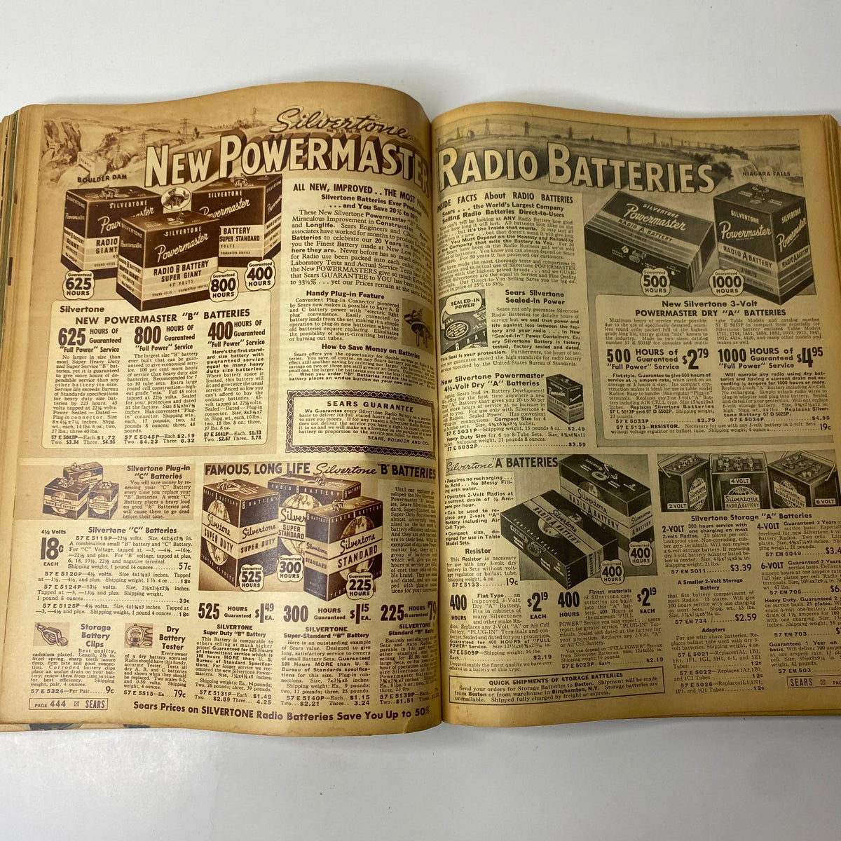 1937 Sears, Roebuck and Co. Boston Spring and Summer Catalog showcasing Silverstone radio batteries and accessories, highlighting prices and features.