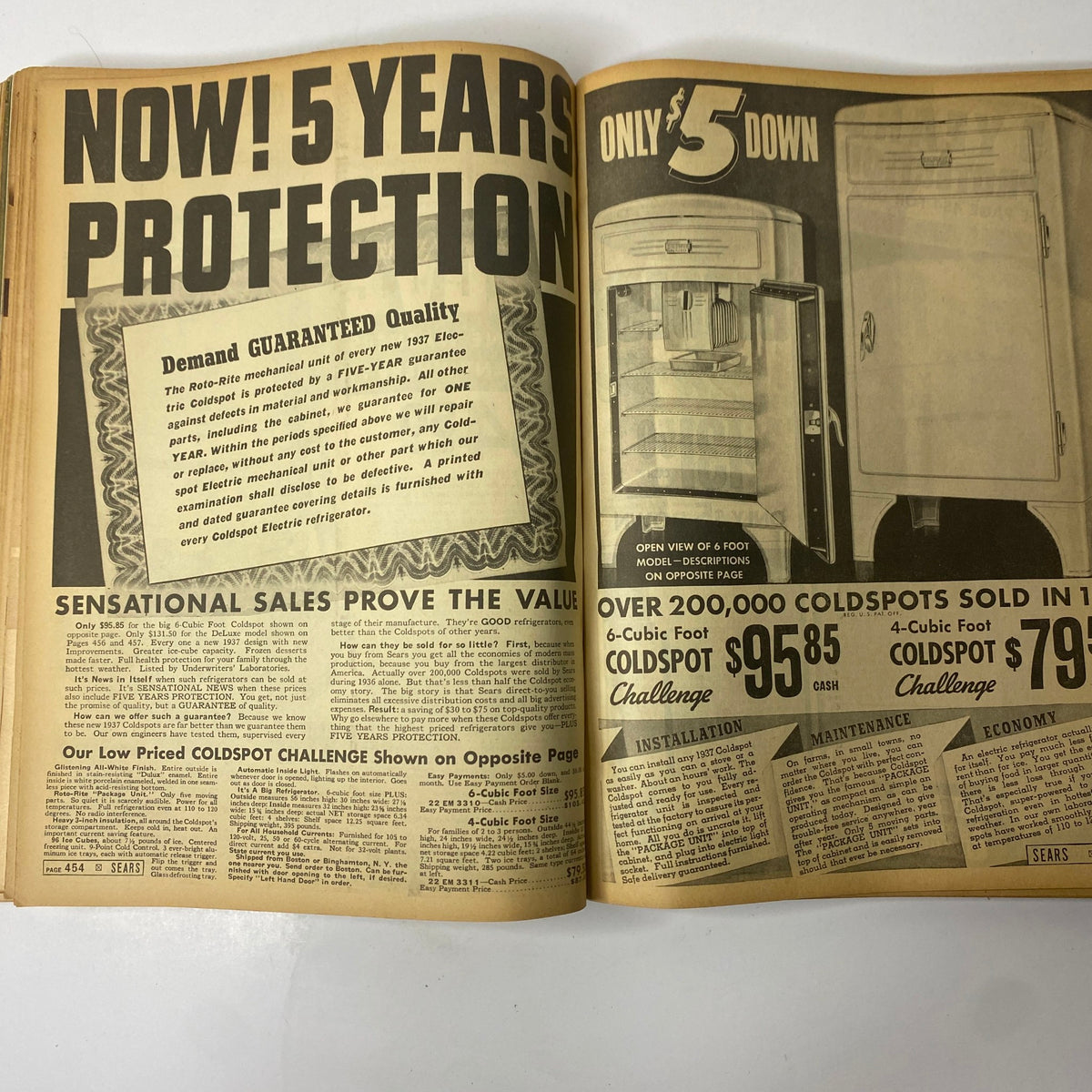 1937 Sears, Roebuck and Co. Boston Spring and Summer Catalog featuring Coldspot Electric refrigerators with a promotional guarantee and pricing information.