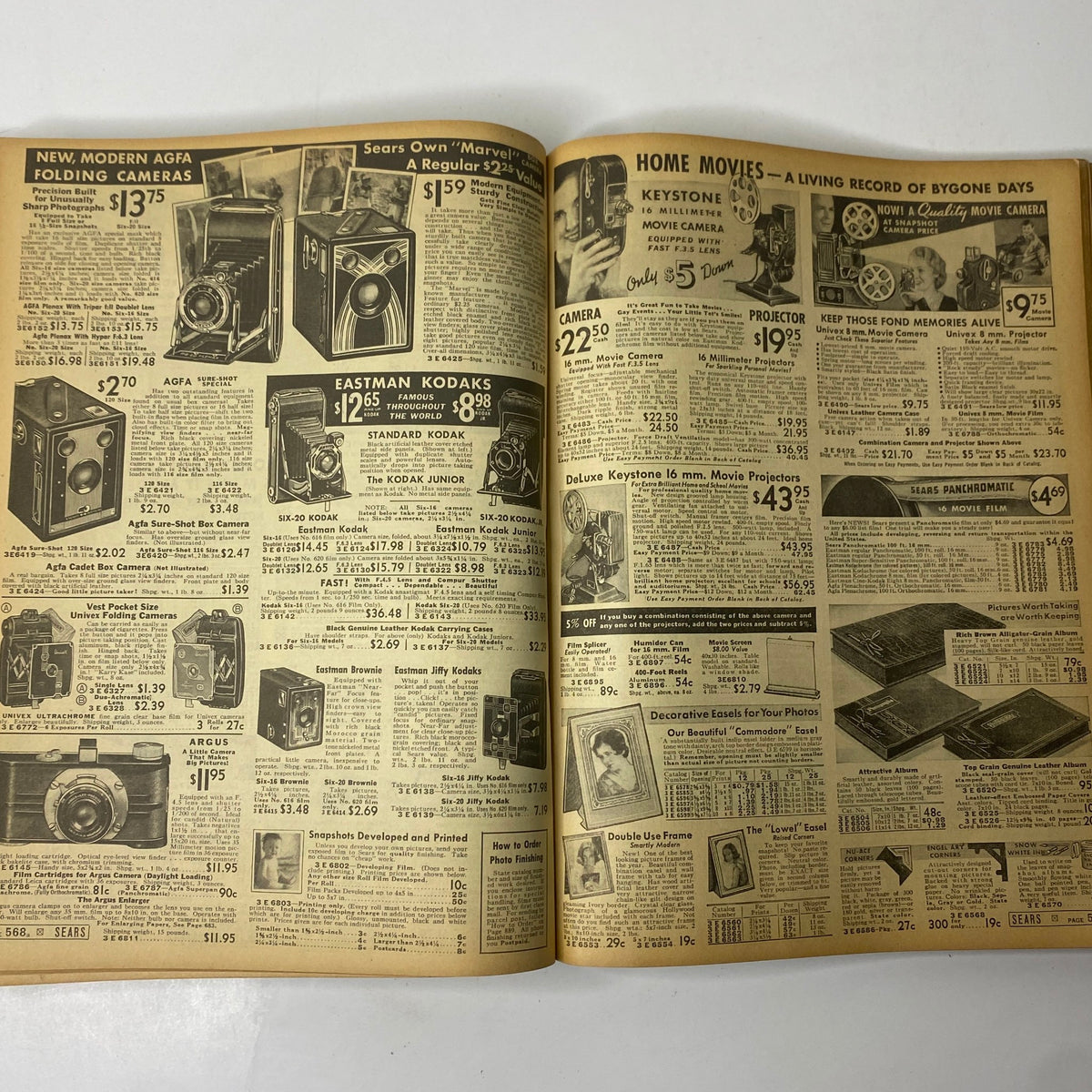 Interior view of the 1937 Sears, Roebuck and Co. Boston Spring and Summer Catalog showcasing vintage cameras and movie equipment offers and prices.