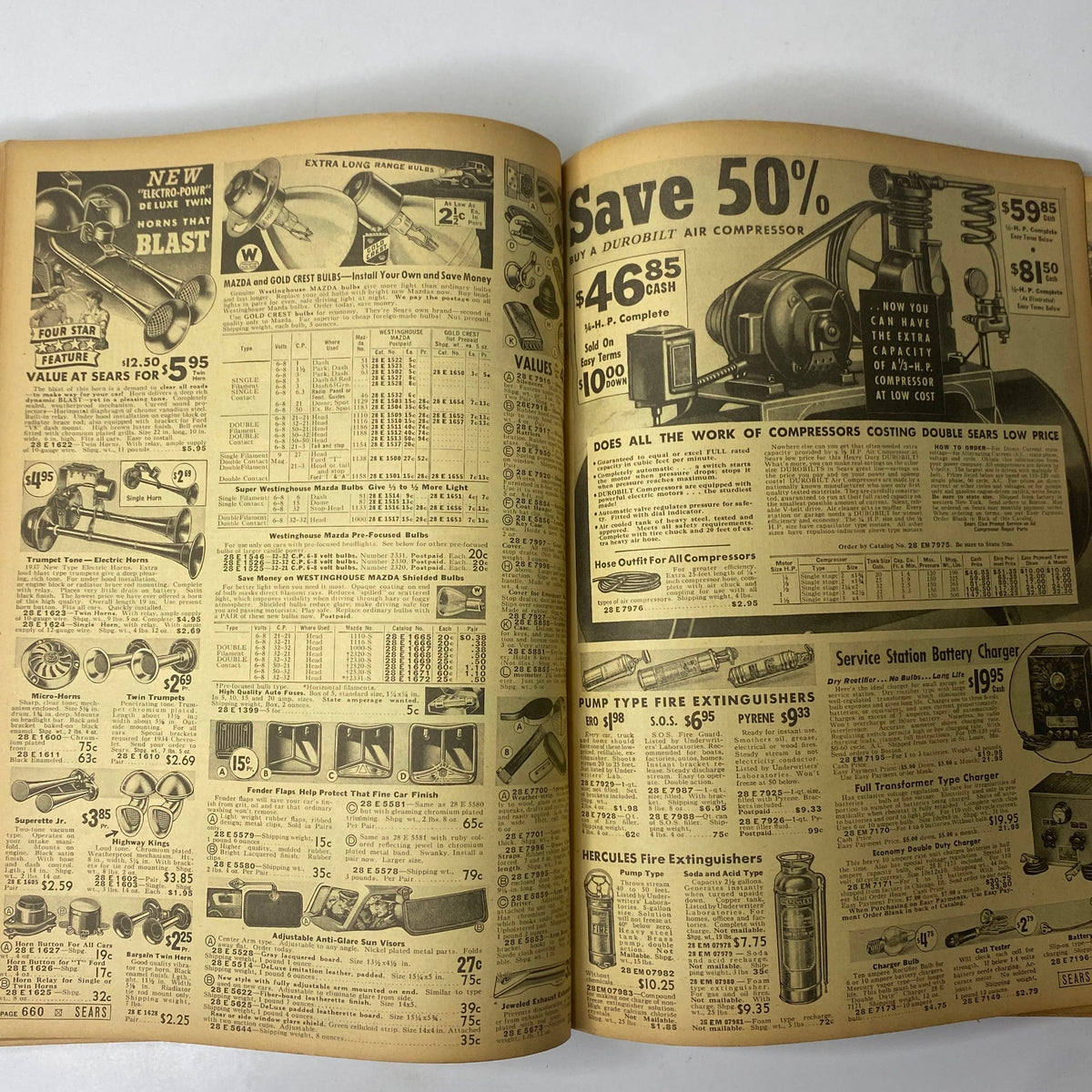Interior page from the 1937 Sears, Roebuck and Co. Boston Spring and Summer Catalog featuring advertisements for air compressors and various household tools.