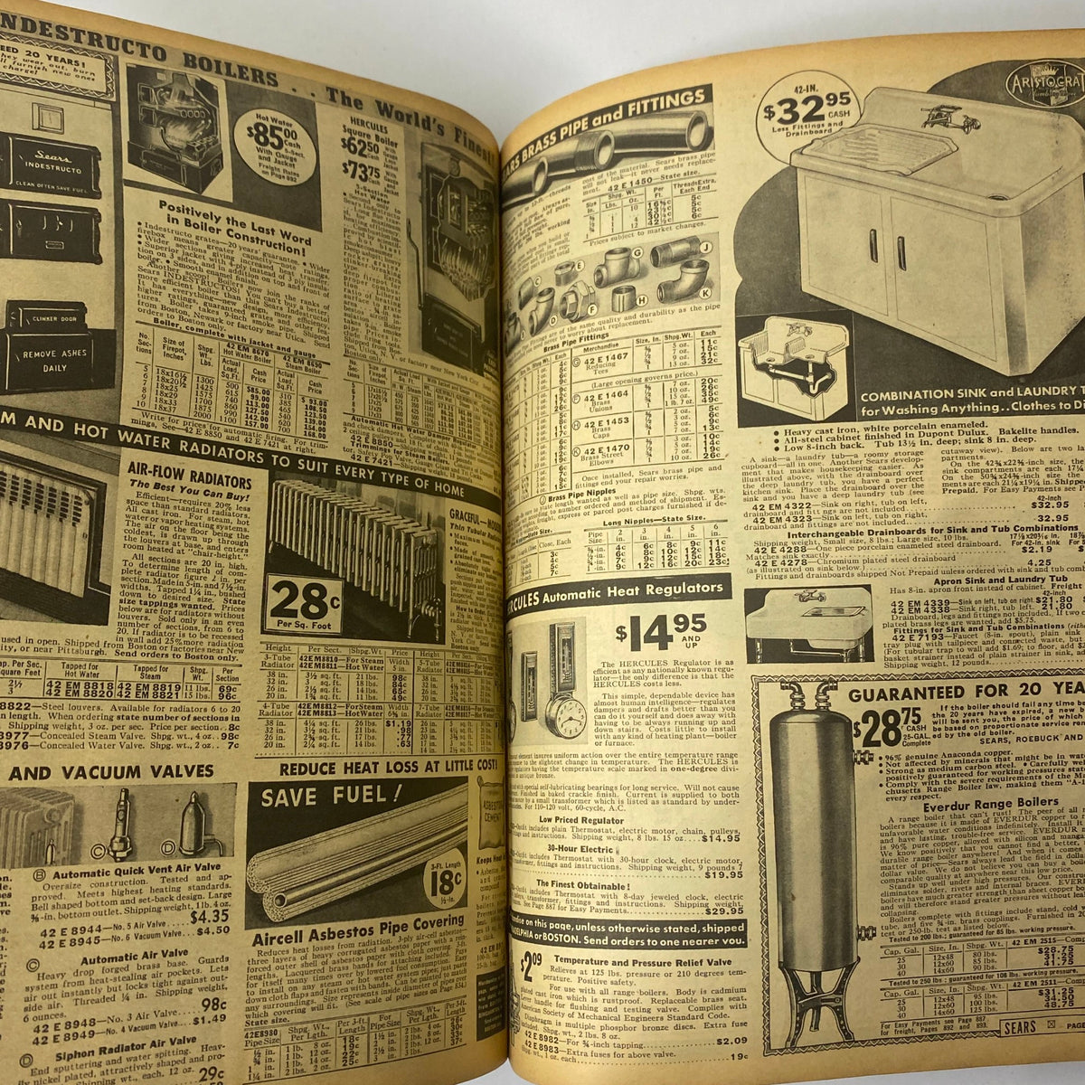 Interior of the 1937 Sears, Roebuck and Co. Boston Spring and Summer Catalog displaying heating systems, boilers, and home improvement supplies.