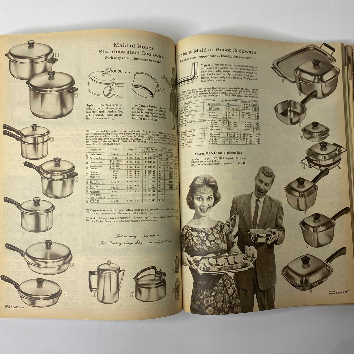 1960 Sears Roebuck and Co. Illinois Spring through Summer Catalog illustrating Maid of Honor Stainless Steel Cookware with pricing and product options.