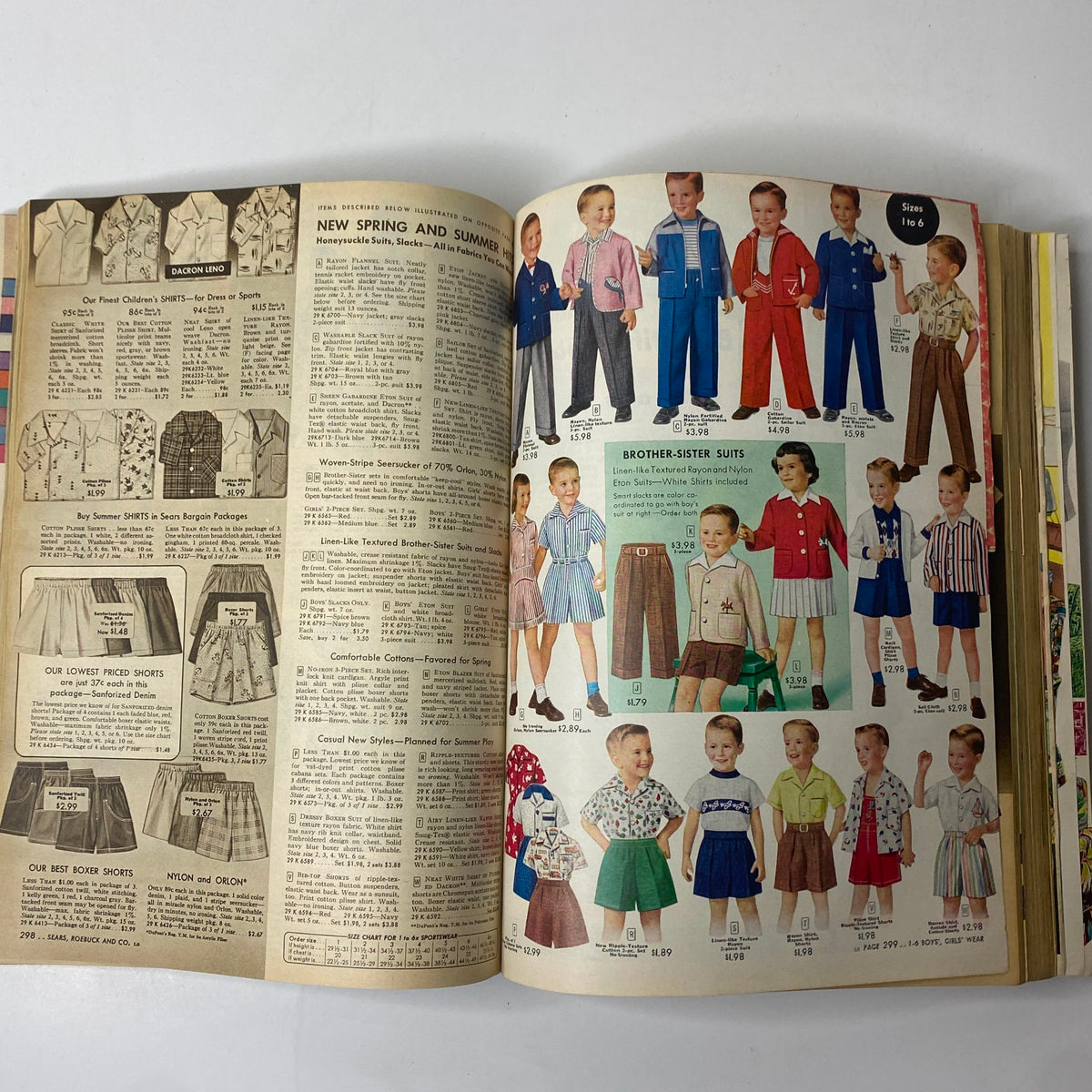 Children's clothing section from the 1955 Sears Roebuck and Co. Spring and Summer Catalog, featuring matching brother-sister outfits.