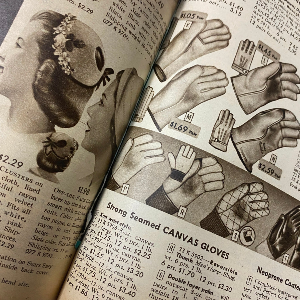 Close-up of gloves and hats featured in the 1955 Sears Roebuck and Co. Spring and Summer Catalog, showcasing details of mid-century accessories.