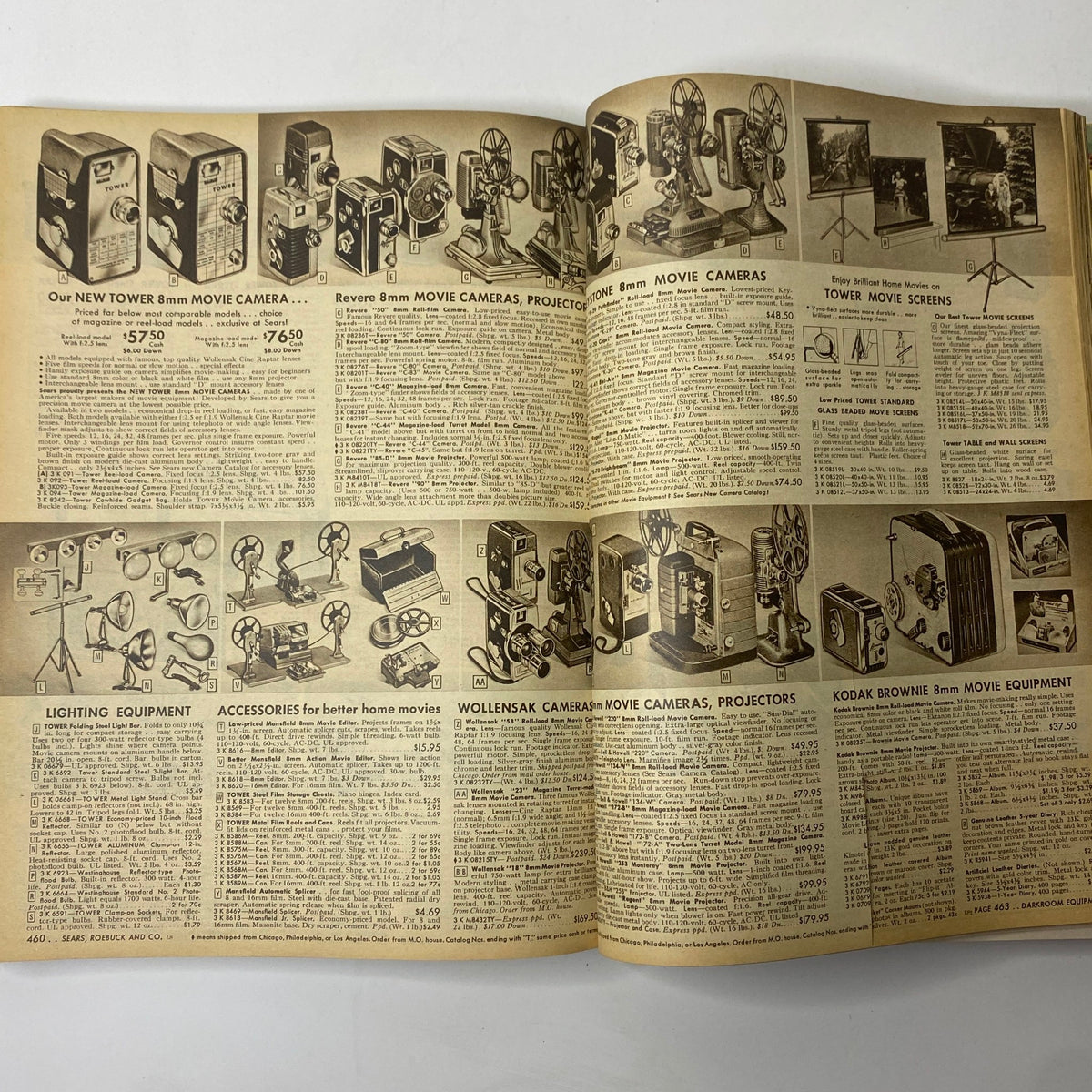 1955 Sears Roebuck and Co. Spring and Summer Catalog displaying various 8mm movie cameras and equipment, showcasing technology trends of the mid-20th century.