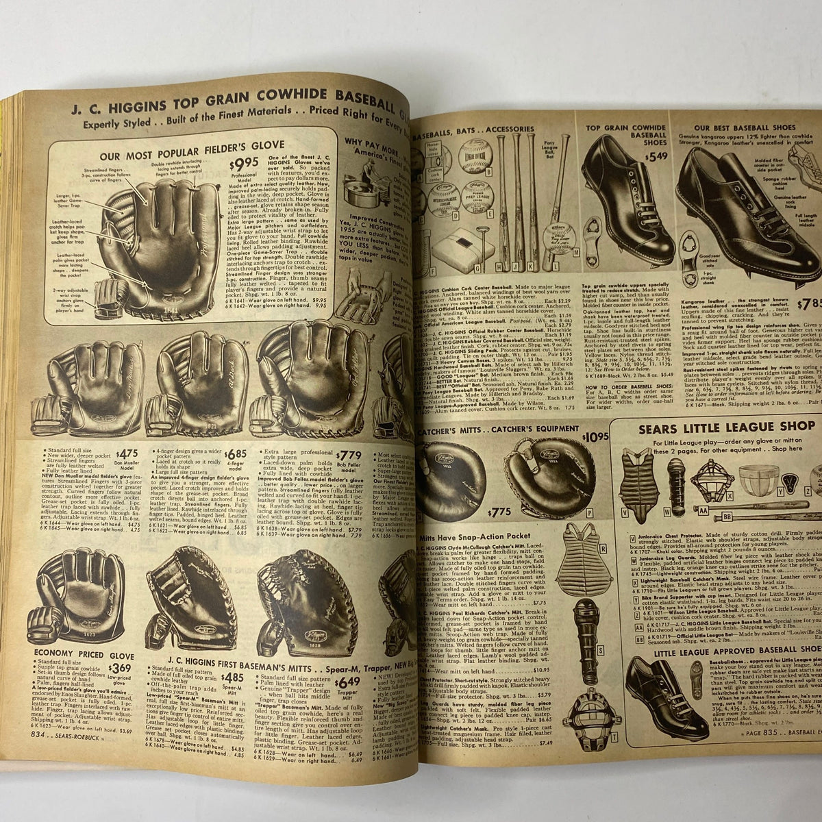 Baseball equipment advertisement from the 1955 Sears Roebuck and Co. Spring and Summer Catalog featuring gloves, shoes, and accessories for baseball enthusiasts.