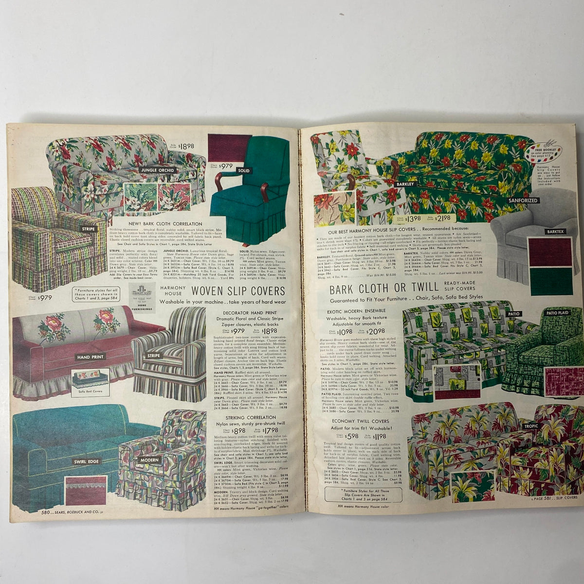 Interior pages showcasing slipcovers from the 1955 Sears Roebuck and Co. Spring and Summer Catalog, featuring vibrant fabrics and design options for furniture.