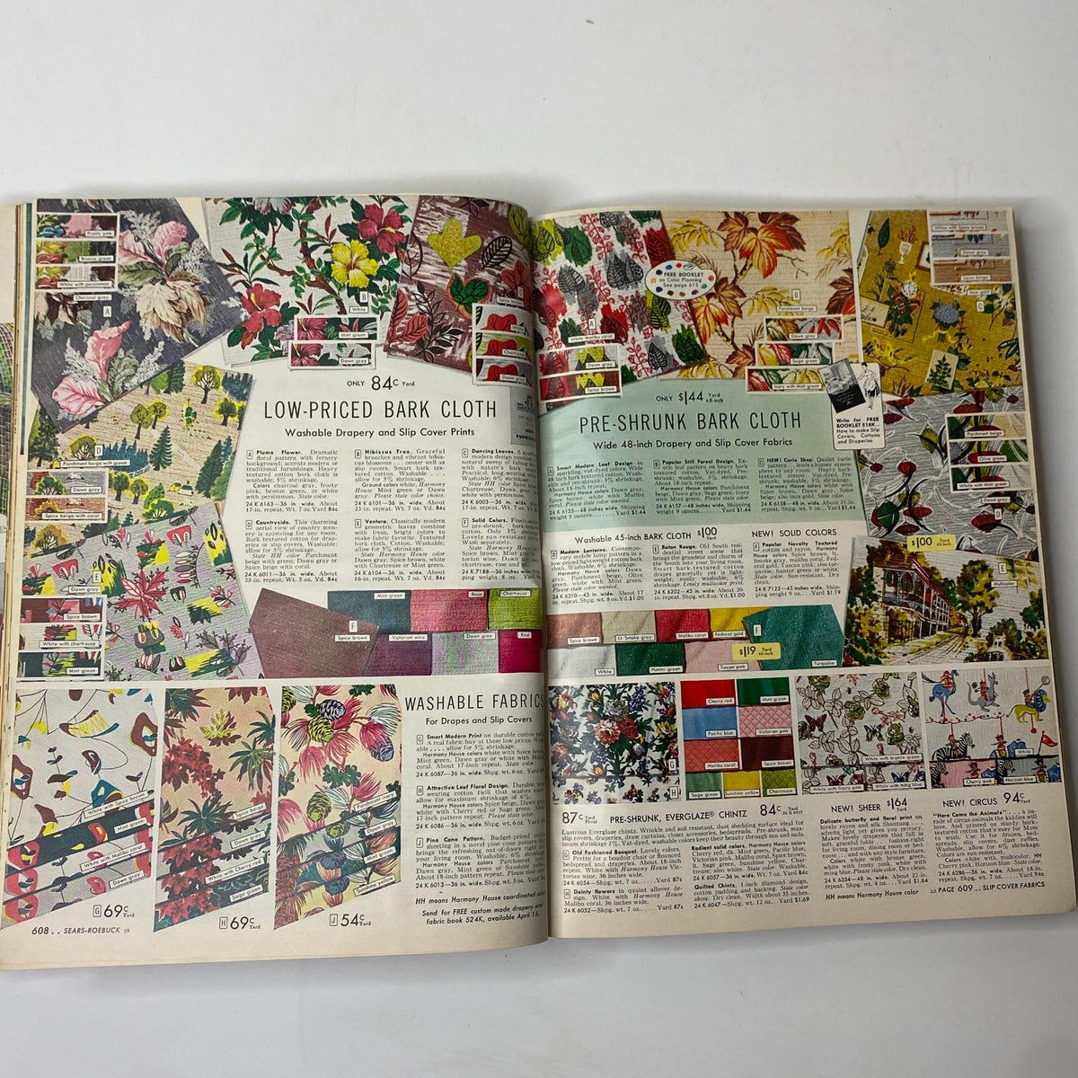 Colorful fabric samples and print options displayed in the 1955 Sears Roebuck and Co. Spring and Summer Catalog, emphasizing vintage design aesthetics.