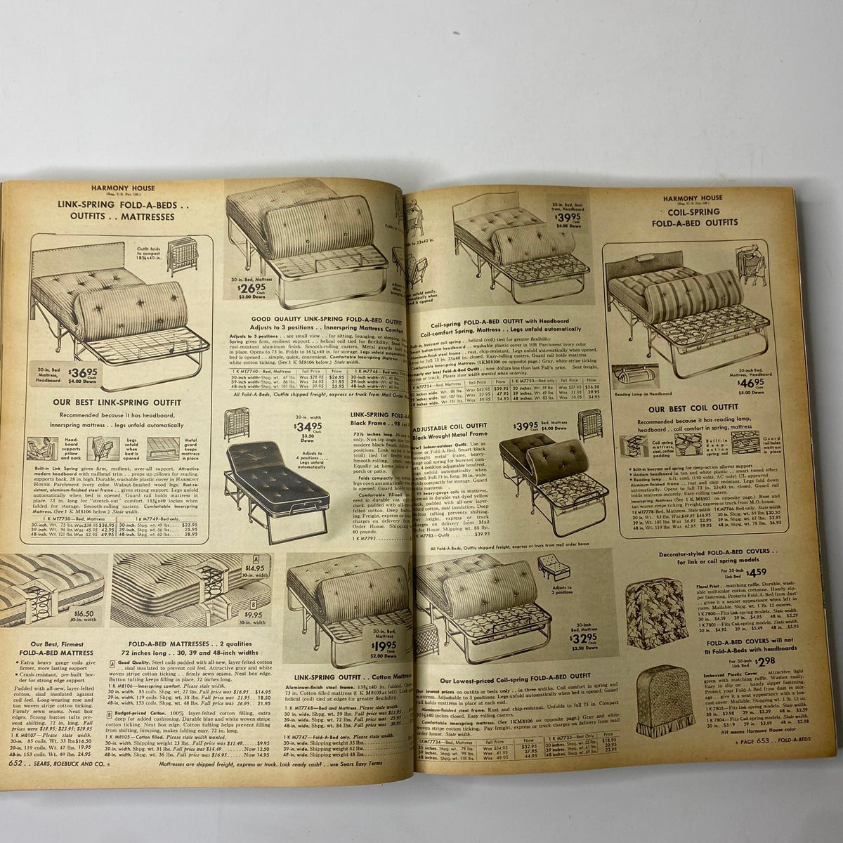 Link-spring fold-a-beds and mattresses listed in the 1955 Sears Roebuck and Co. Spring and Summer Catalog, showcasing vintage bed designs.