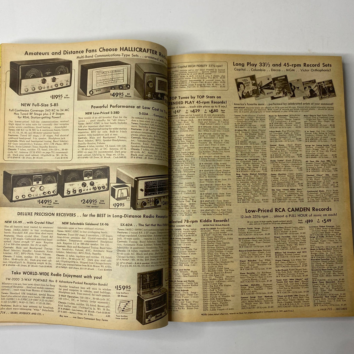 Vintage radios and record sets presented in the 1955 Sears Roebuck and Co. Spring and Summer Catalog, highlighting popular technology of the era.