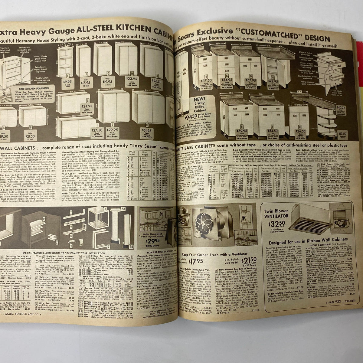 Interior pages of the 1955 Sears Roebuck and Co. Spring and Summer Catalog showcasing all-steel kitchen cabinets, customization options, and prices.